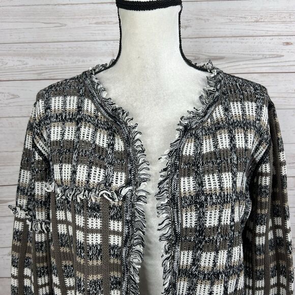 CAbi # 4097 Classic Cardigan Sweater Size Medium Brown Plaid Open Front Fringe - Picture 3 of 10